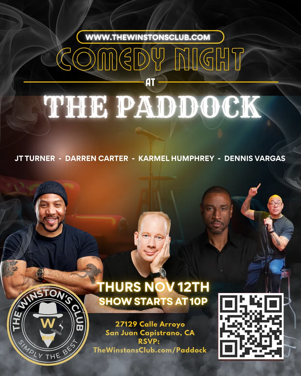 Comedy Night at The Paddock flyer: JT Turner, Darren Carter, Karmel Humphrey and Dennis Vargas, Thursday, November 12, show starts at 10 PM